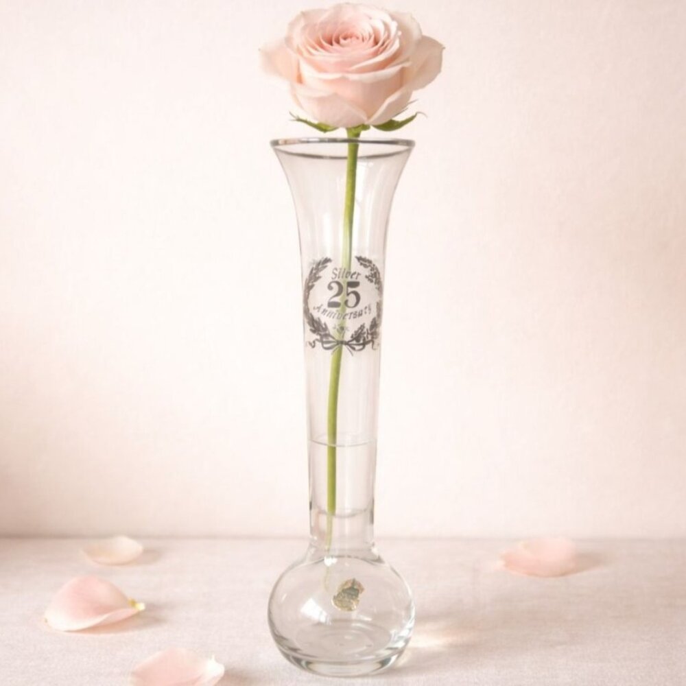 Silver 25th Anniversary Bud Vase VTG Glass Wedding Keepsake Gift Etched Heirloom